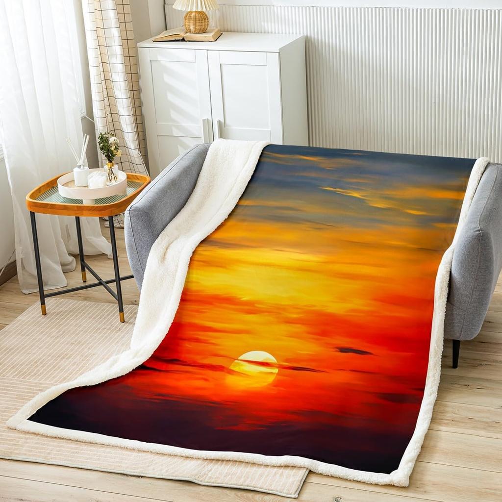 Mountain Sunset Landscape Blanket Soft Sherpa Throw Nature Art Decor Cozy Living Room Sofa Bedding Home Decoration