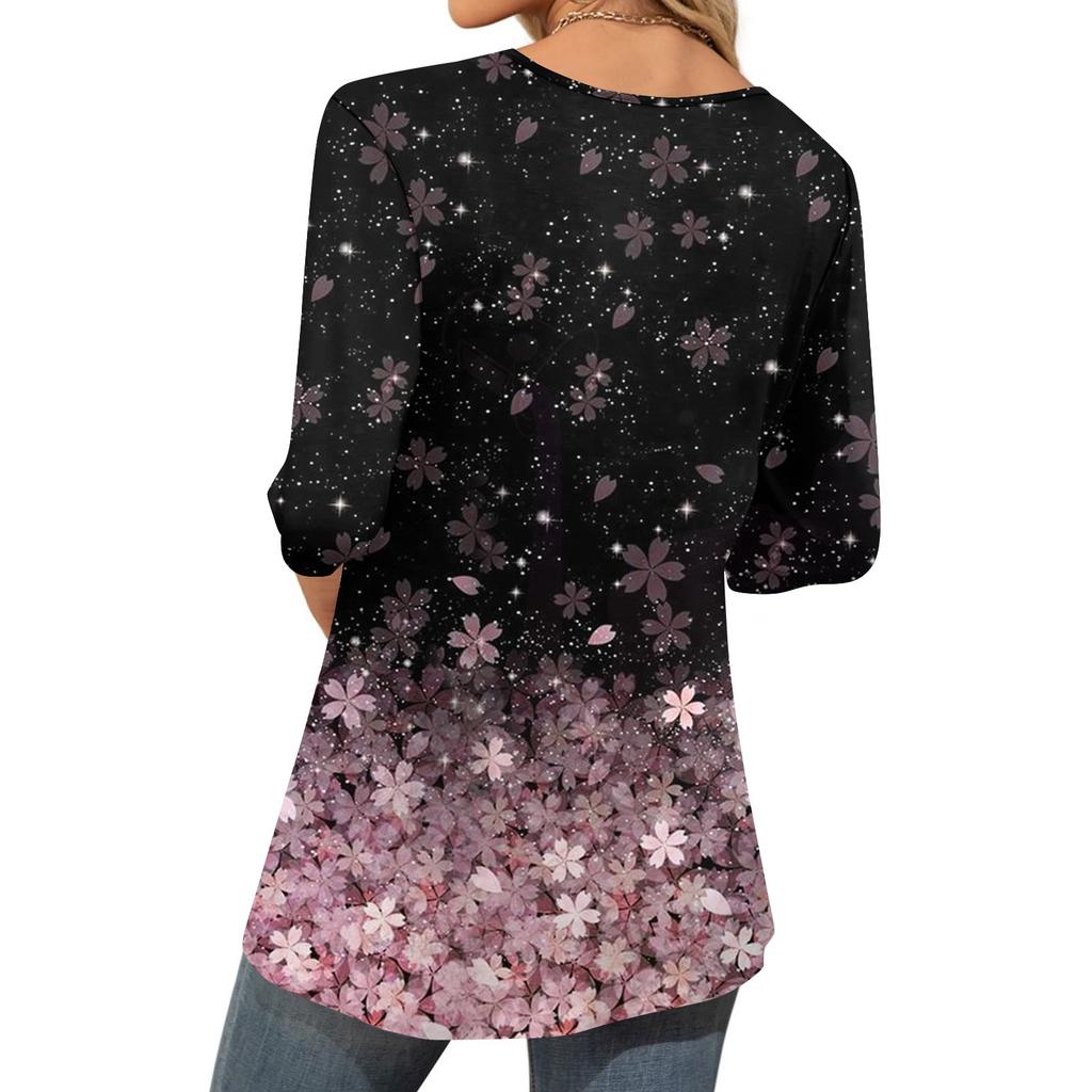 Women's Fashion Casual Three-quarter Sleeve Printing Round Neck Top