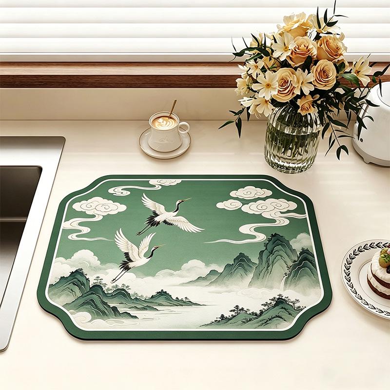 Chinese-Style Irregular Flower & Bird Diatom Mud Coffee Mat: Stain-Resistant, Easy-Clean, Non-Slip Kitchen Draining Mat