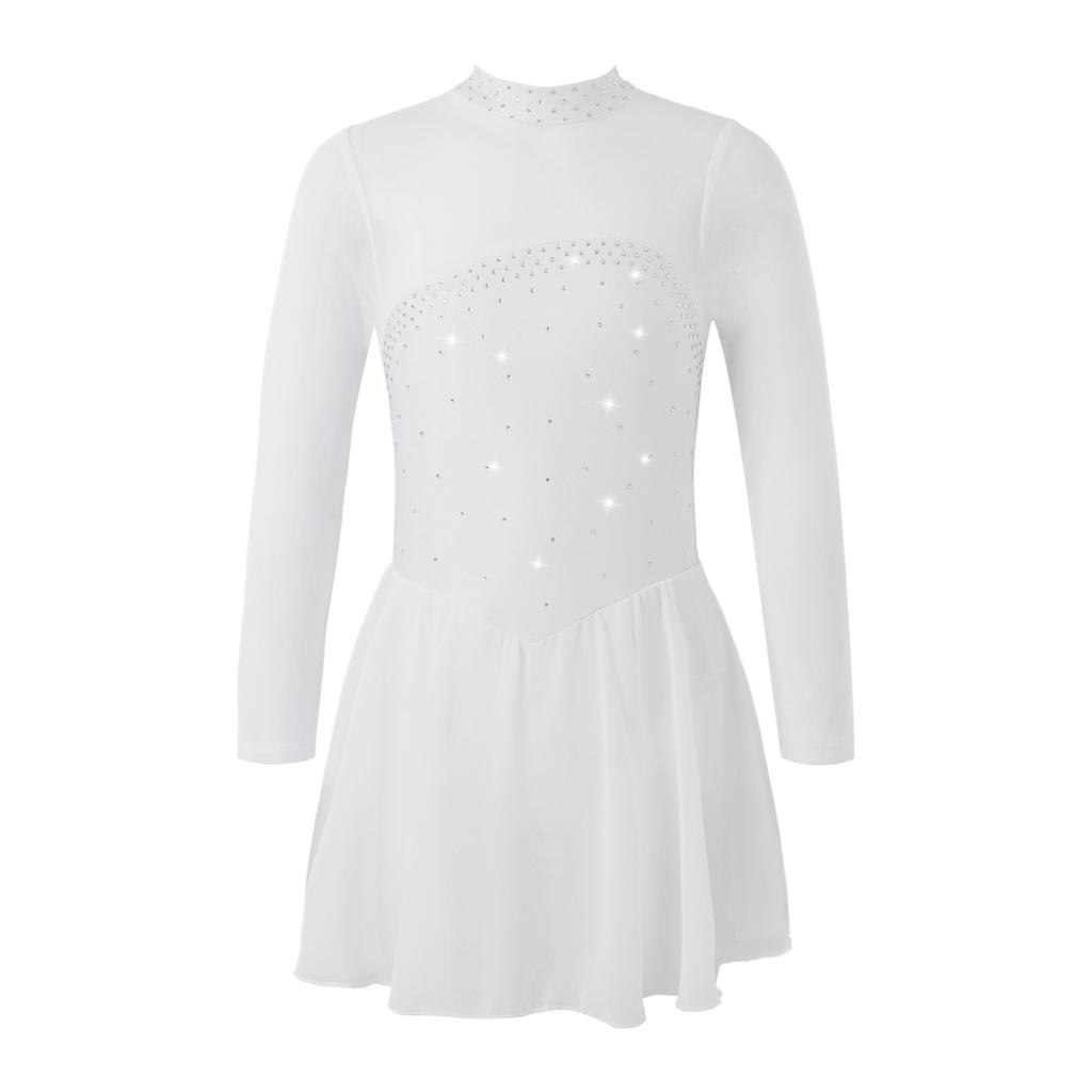 Pailletten Figur Eislaufen Roller Skating Tanz Kostüm Frauen Tüll Gymnastic Trikot Lange Ärmel Mesh Splice Ballett Dancewear