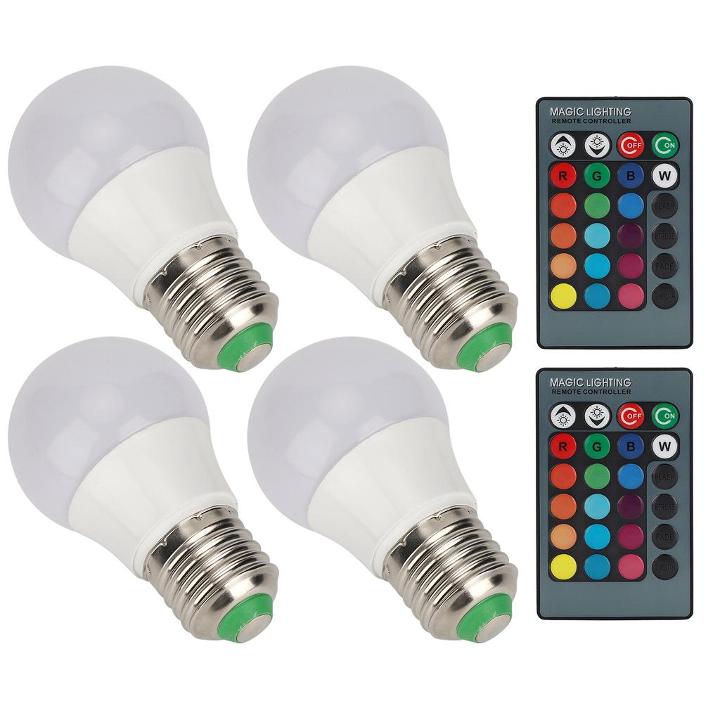 4pcs E27 RGB LED Light Bulbs Colorful Decorating Lamp with 2 Remote Controls 3W AC85‑265V