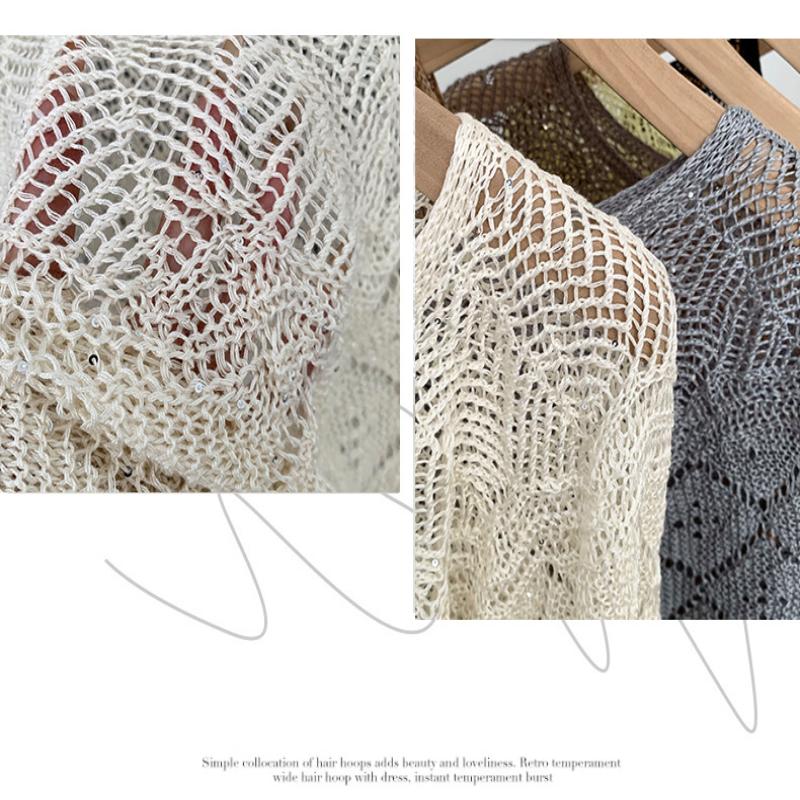 Ladies Knitted Ice Silk Shawl Summer Lightweight Hollow Out Design Fashionable Sequin Shoulder Cover Head Over Shoulder Wrap