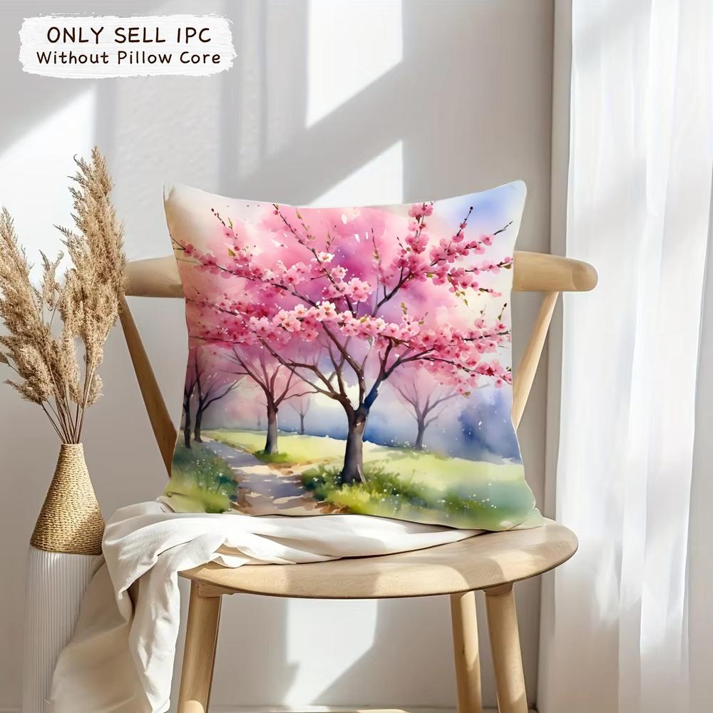Cherry Tree In Spring Cushion Cover Soft Plush Fabric Double-Sided Printed Sofa Cushion Cover For All Seasons Home Decor Gift