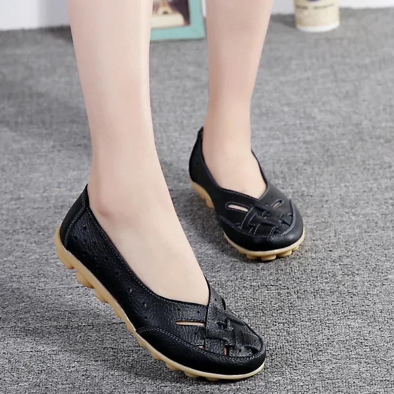 2025 Neue Damen Freizeitsandalen Mode Weichbesohlte Schuhe Damen Hollow Flachbesohlte Schuhe Damen Echtes Leder Schuhe Größe 44