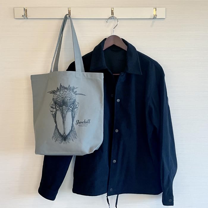 SOTONEKO JAPAN Tote Bag, Shoebill Design, Shoulder Bag, A4 Size, Vertical, Gusseted, Cotton, Men'sWomen's, Gray, Line Art Illustration