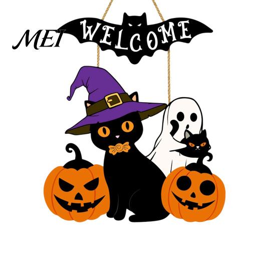 Pumpkin Wall Plaque Halloween Wooden Welcome Door Sign, Ghost Bat Hanging Decor Indoor Outdoor Decoration for Yard, Home Party Entrance Rustic