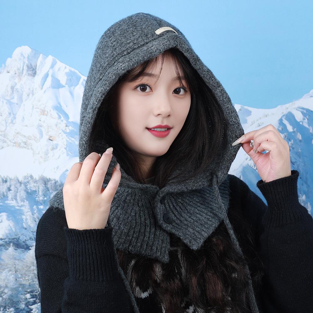 Koreanische Version der Sturmhaube für Damen, Herbst und Winter, warme Wollmütze mit integriertem Kapuzenschal, Strickmütze, Winter One Size gray
