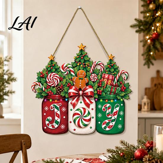 Candy Cane Holiday Sign Christmas Door Joy Hanging Wooden Sign Gingerbread Wreath Mason Decorative Wood Board for Windows Jar Welcome Front
