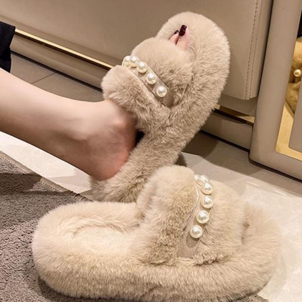 Pearl thick-soled fluffy slippers for women's outer wear 2025 autumn non-slip one-word indoor home fluffy cotton slippers