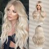 European American Long Curly Wig - White Gold, Middle Part, Big Waves, Faux Hair