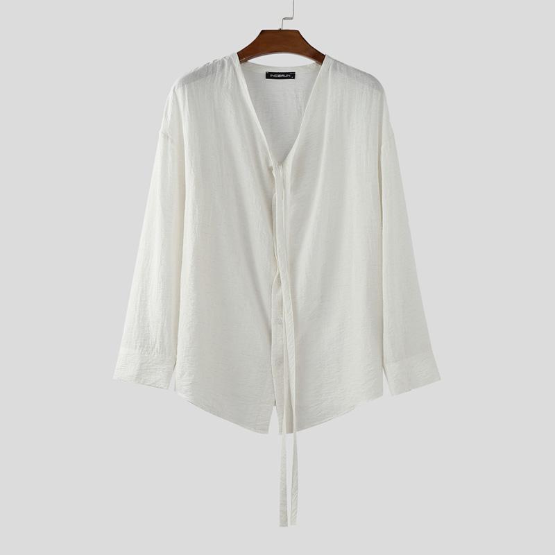 

INCERUN Men V Neck Long Sleeve Semi-Sheer Lace-up Loose Shirts Tops S