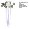Weather Resistant Car Decor Wedding Door Handle Flower with Ribbon Tie And Green Leaves, White Artificial Realistic Petal Rose Rearview Mirror Bouquet