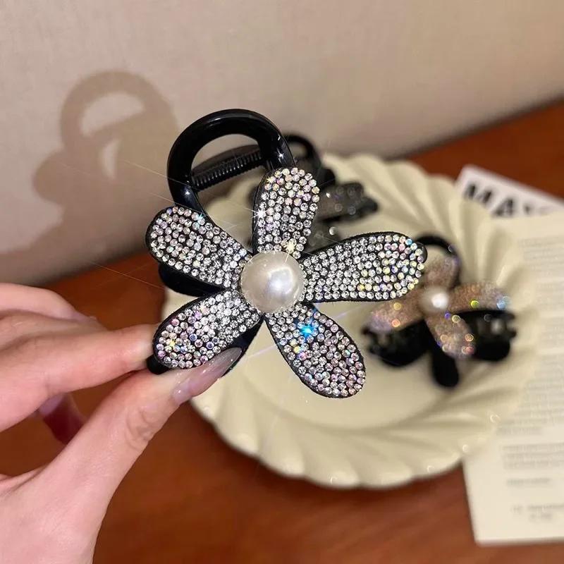 Eleganti Fermagli per Capelli a Fiore con Perle Grandi per Donne Coreani Brillanti Cristallo Nero Artigli di Squalo Fermaglio per Capelli Accessori per Capelli per Ragazze