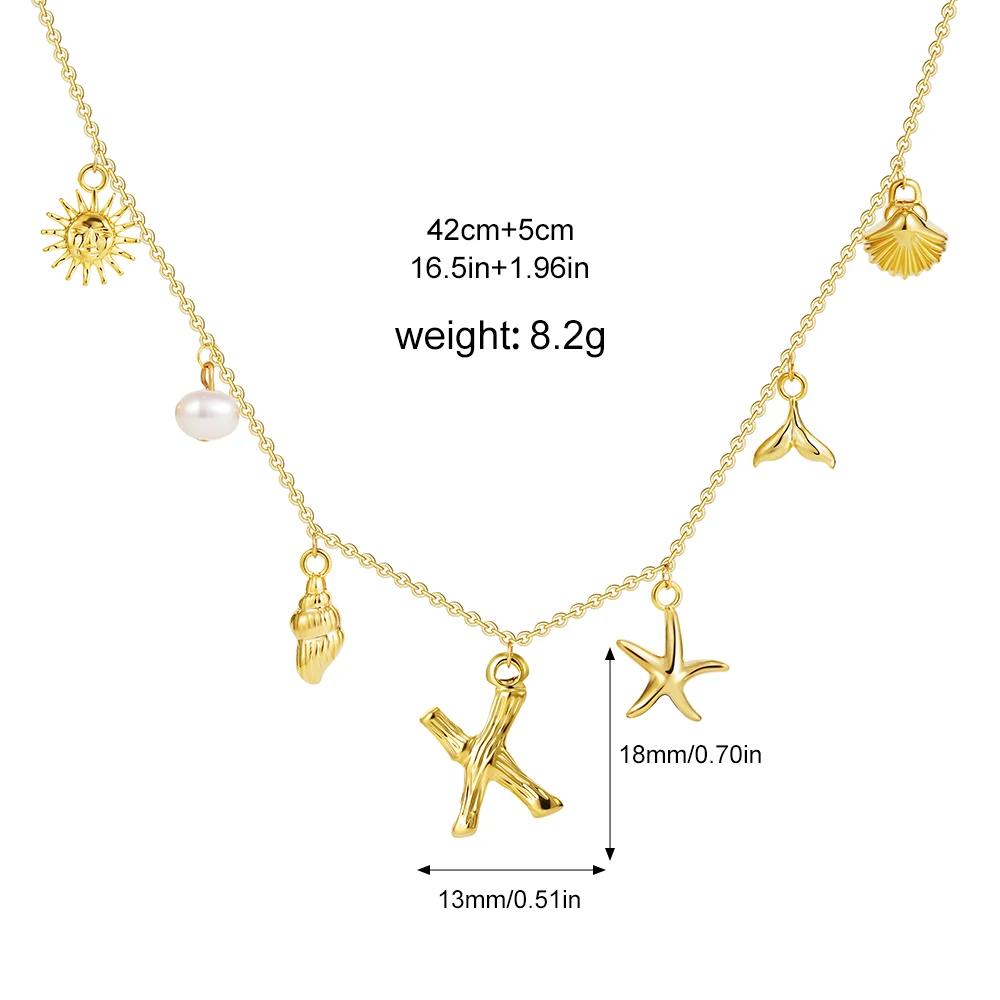 Boho A-Z Initial Letter Pendant Necklace Gold Color Beach Shell Starfish Pearl Necklace Women's Charm Jewelry Party Gift