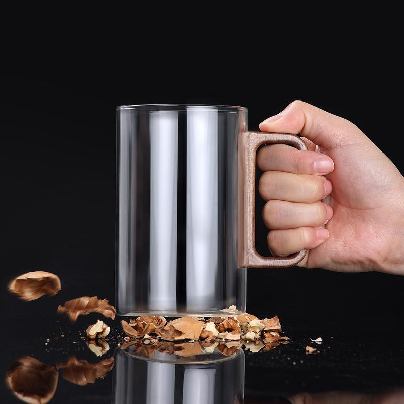 Glass Teacup with Wood Lid and handle,500mL Heat-resistant Flower Teacup