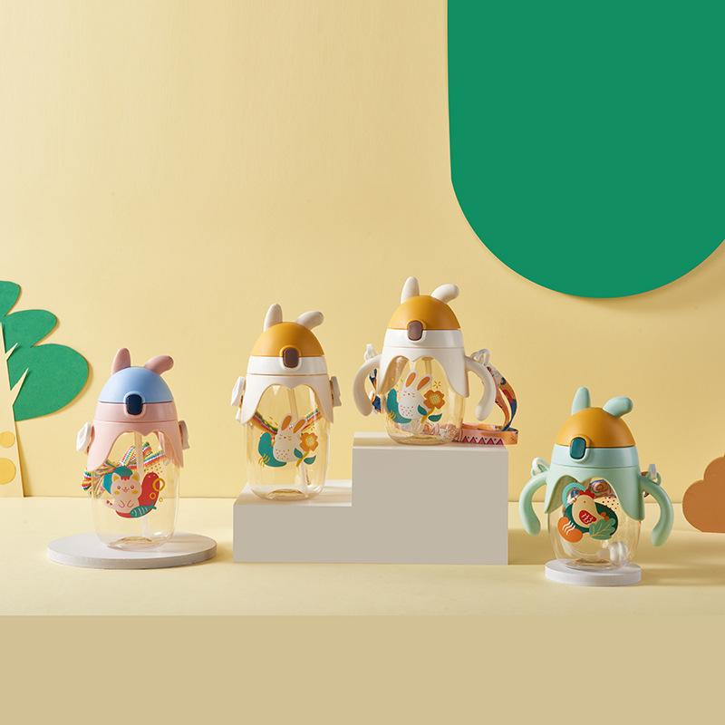 350ml Summer Childrens Cartoon Plastic Cup with Straw Flip Water Cup with Handle Baby Kindergarten Drinking Cup