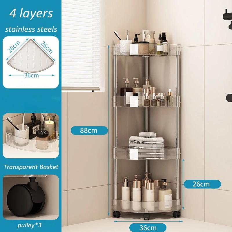 Stainless steel Rack Multi-Layer Transparent Bathroom Shelf Storage Trolley Easy-Move Corner Space-Saving for Bathroom