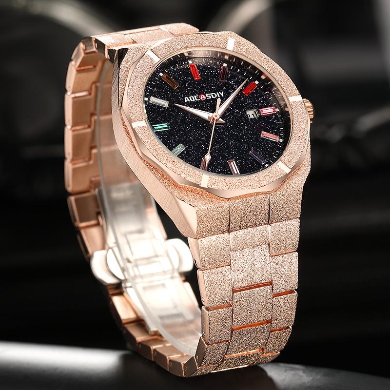 Waterproof Quartz Wristwatches Luxury All Stainless Steel Paul Rich Style Hip Hop Luminous Star Dust Frosted Watch