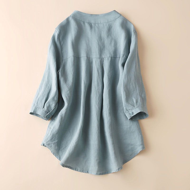 Shirts & Blouses Autumn Fashion Casual Solid Color Stand-up Collar Shirt Cotton Linen Seven-minute Sleeve Simple Loose Shirt