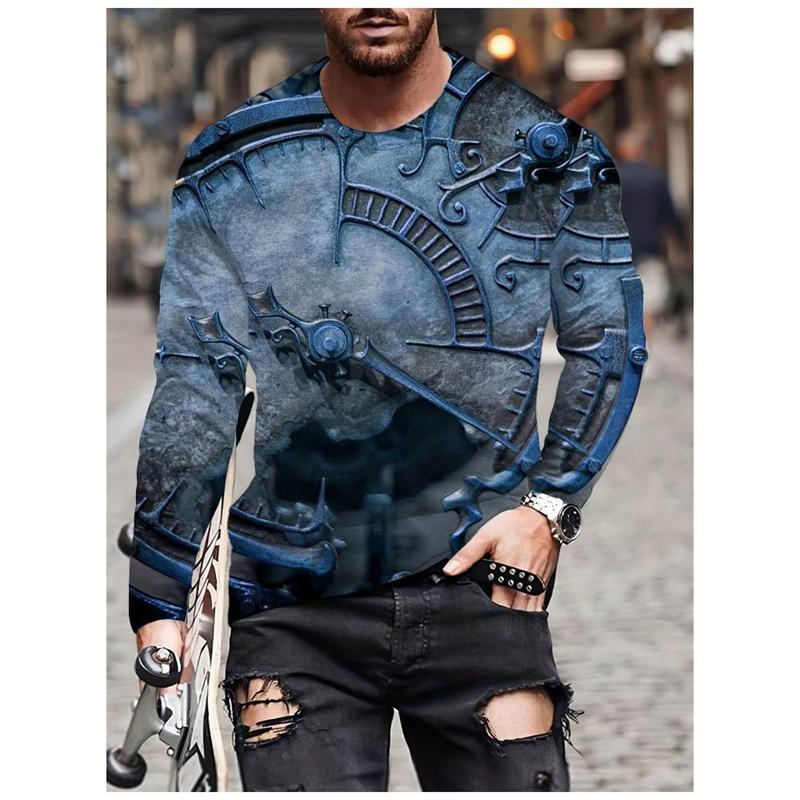 Vintage Compass Graphic Men's T-shirts Fashion Spring Autumn Long Sleeve Round 3D Printed Loose Streetwear Tops