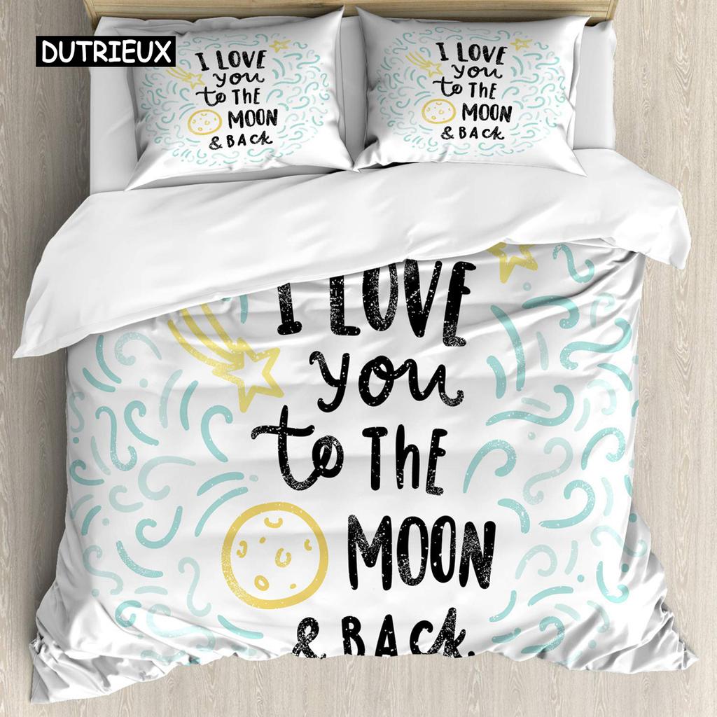 I Love You Duvet Cover Hand Drawn I Love You To The Moon and Back Words with Stars Celebration King Size Polyester Bedding Set