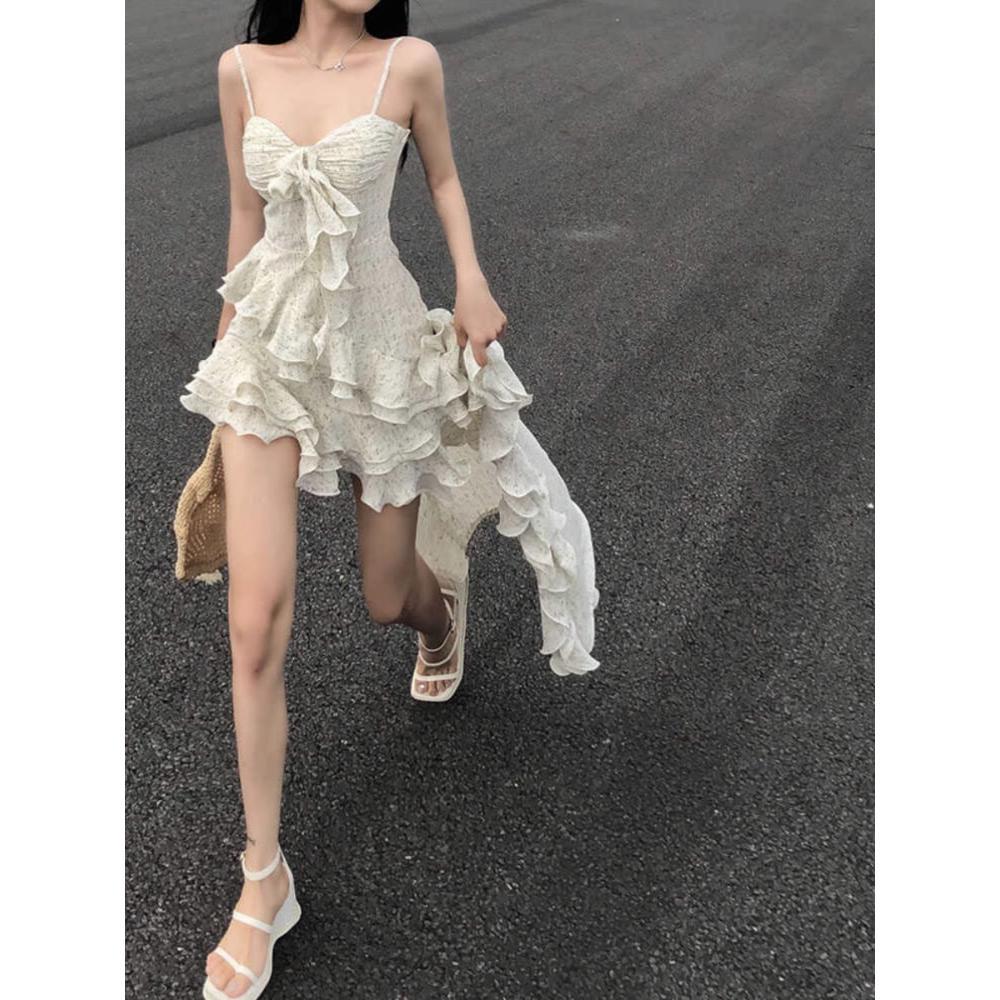 Lotus leaf edge suspender dress fairy waist temperament irregular short skirt autumn and winter