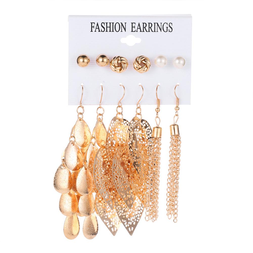 

6 Pairs Fashion Simple Leaves Tassel Pearl Earrings Set 01 gold #1