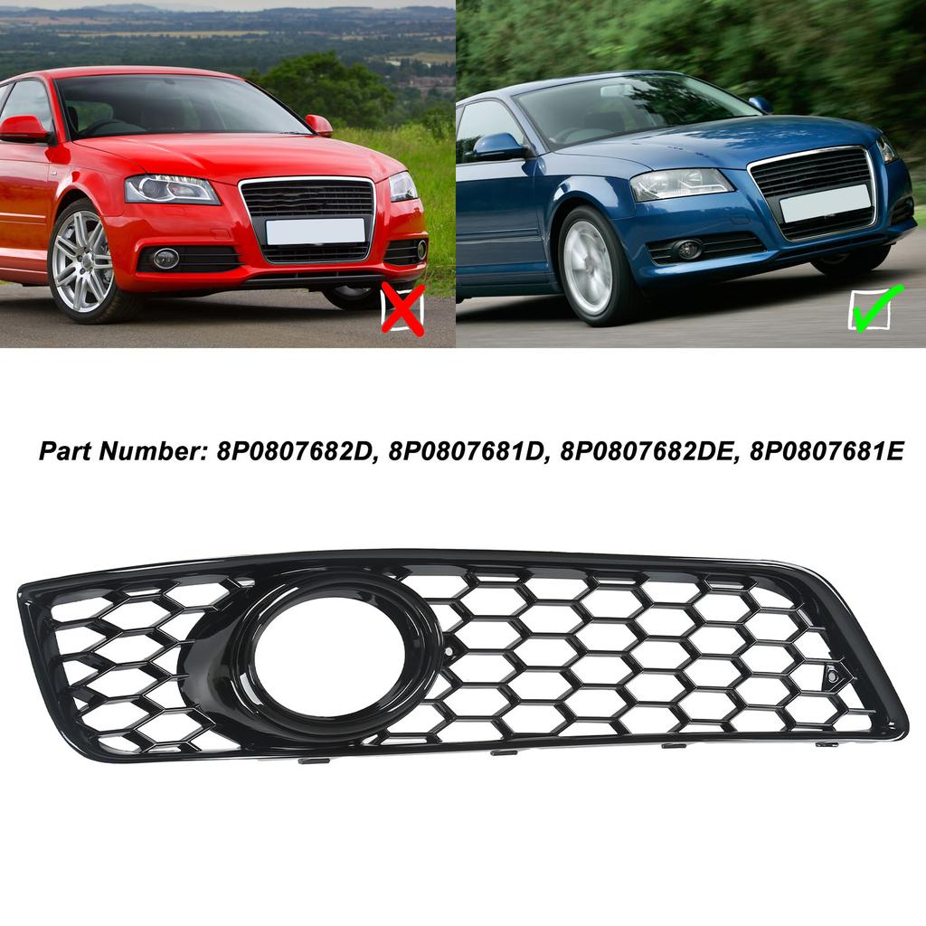 Front Fog Light Grille Cover, Gloss Black Replacement Part 8P0807682D 8P0807681D 8P0807682DE 8P0807681E, with Fog Light Hole, for 8P 2009 2010 2011 20
