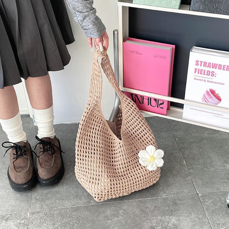 Solid Color Knitting Shoulder Bag Flower Large Capacity Bohemian Crochet Tote Bag Hollow Out Versatile Casual Woven Handbag