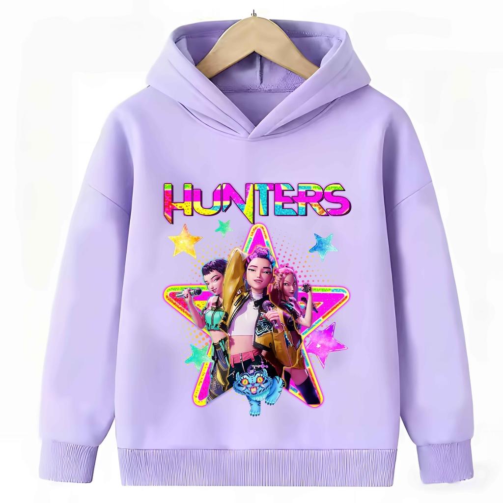 KPop Demon Hunter Cartoon Girls Boy Hooded Sweatshirt Warm Children's Purple Sweatshirt Fashion Casual Tops Girls Clothing