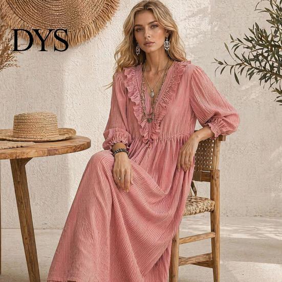 Quarter Sleeve Dress Women Summer Long Dress, 3/4 Ruffle V Neck Slimming Maxi Casual Loose Fit Flowy Beach Vacation Sundress