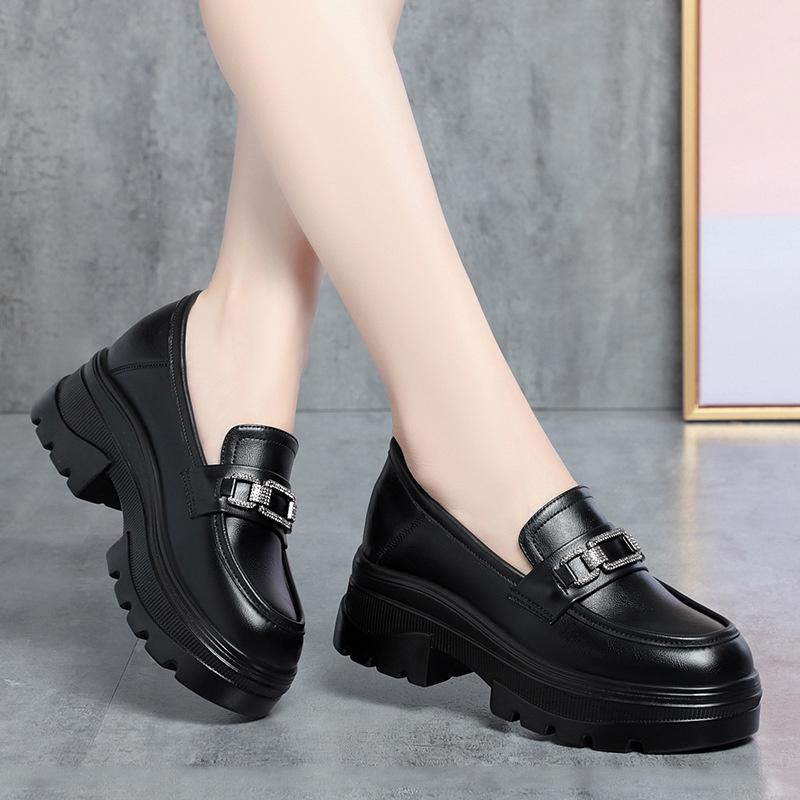 Platform Loafers New Women's Shoes Soft Leather Thick Heels British Small Round Toe Metal Decoration White Leather Shoes