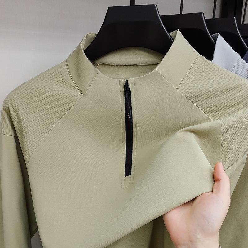 Spring Semi-Zipper Stand-Up Neck Sweater Men'S Long-Sleeved T-Shirt Solid Color Casual Sports Simple Top Men