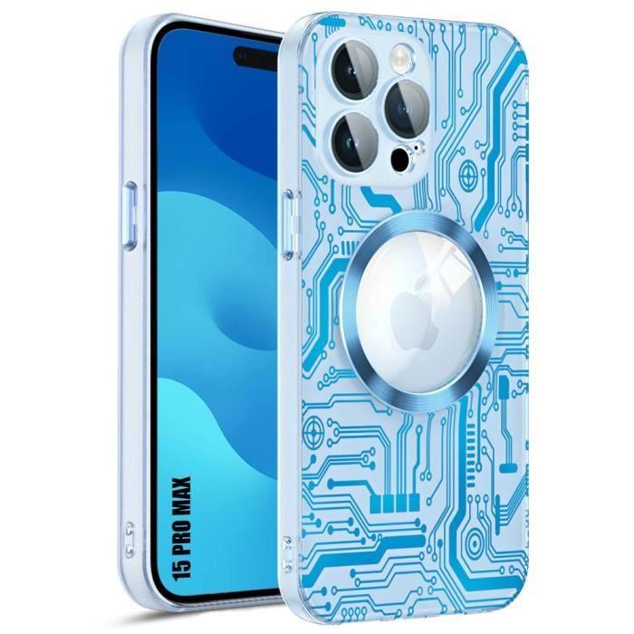 Coque pour iPhone 15 Pro Max - Translucide - Motif Circuit Bleu - Antichoc - Protection Caméra Arrière