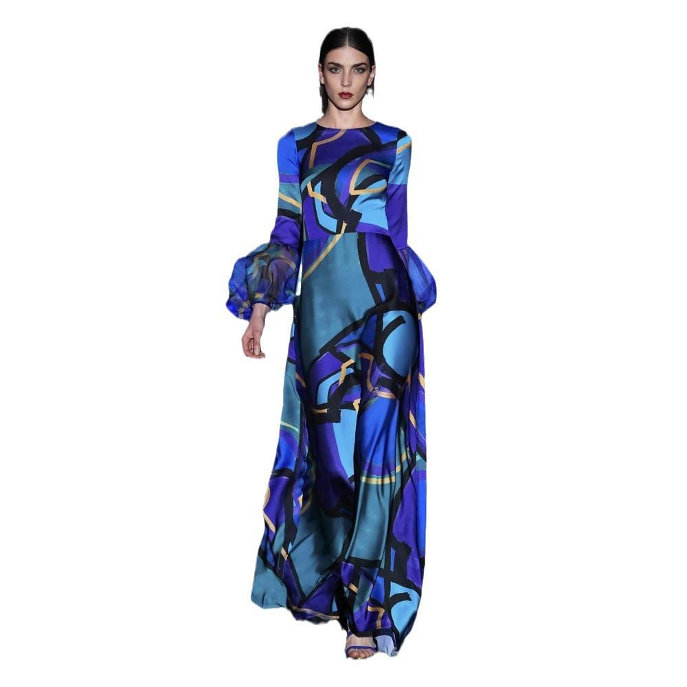 Spring and Summer New European and American Women's Clothing Blue Mid-waist Printed Dress Hepburn Temperament Commuter Dress