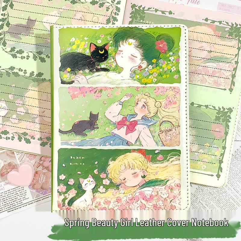 A5 Beautiful Girl Series Notebook - Trendy Leather Cover, Color Pages, Cool Cartoon Design, High-Value Student Diary