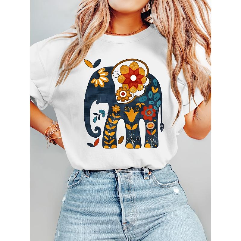 European Size Women's Bohemian Elephant Print T-Shirt - Soft Round Neck Short Sleeve Top with Vibrant Elephant & Floral Design, All-Season Casual Wear