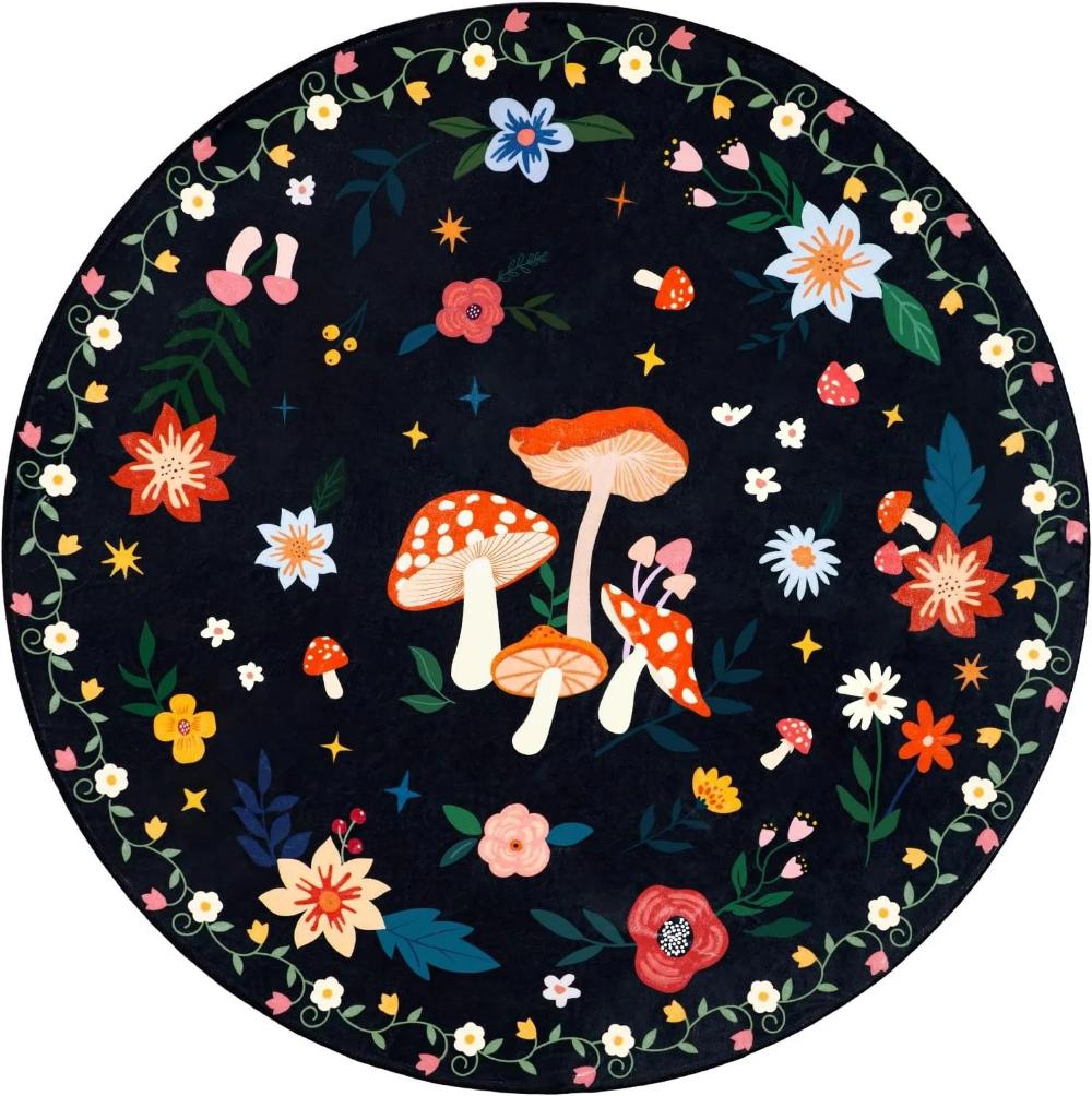 Whimsical Mushroom Themed Round Rug Soft Non Slip Floor Mat for Fantasy Kids Room Nursery Living Room Bedroom Playroom Carpet