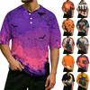 Men's Casual Waffle Knit Raglan Sleeve Short Sleeve Shirt Halloween Graphic Print Button Placket Top Lightweight Breathable
