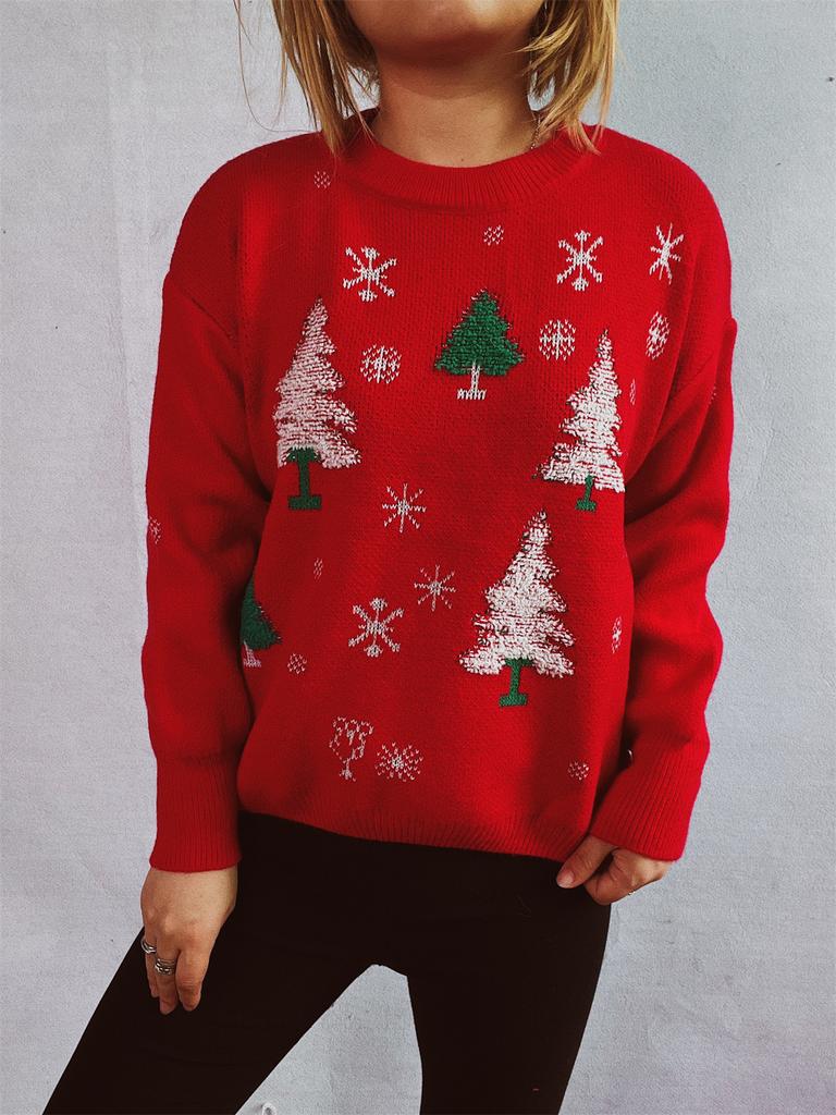 Women's Clothing European and American Autumn and Winter New Christmas Tree Plush Jacquard Knitted Sweater New Year Red Christmas Sweater 3513 KTB