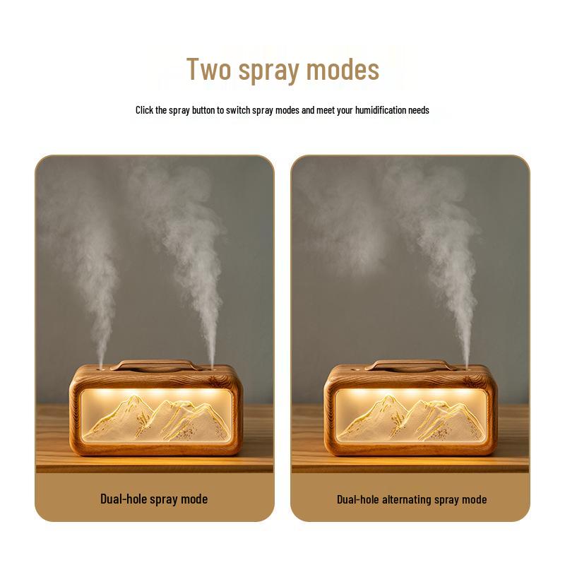 Creative USB Snow Mountain Humidifier: Dual Spray, Large Mist Output, with Ambient Light for Home or Bedroom