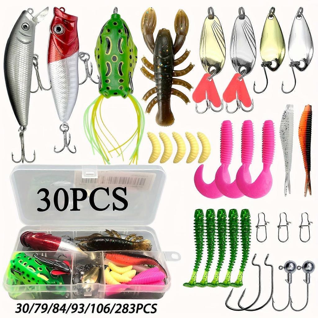 79pcs Fishing Lures Kit for Bass, Trout, Salmon – Topwater Jigs, Minnows, Poppers, Spoons, Soft Worms – Compatible with All Rods