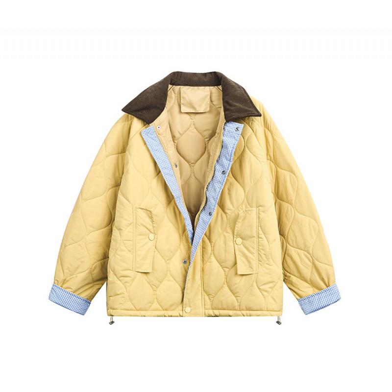 Unisex Retro College Style Quilted Cotton Puffer Jacket With Turn-Down Collar Thick Warm Winter Short Coat Teens Adults