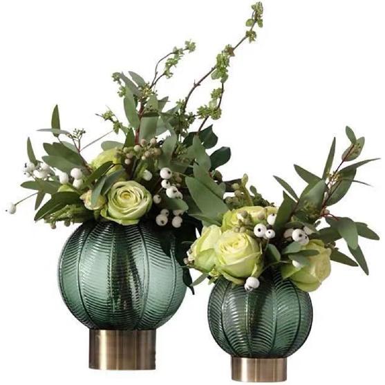 House Decor Creative Metal Base Glass Vase Dried Flower Vase Ornaments Home Decoration Living Room Wedding Gift Flower Vase(Small)