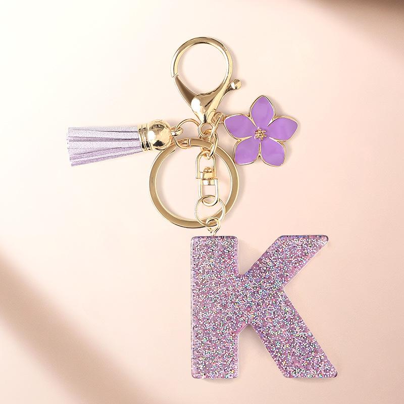 Flash Powder 26 English letters, diy, Resin keychain, purple flower, pendant, bag pendant, keychain, Christmas gift, Stocking stuffers