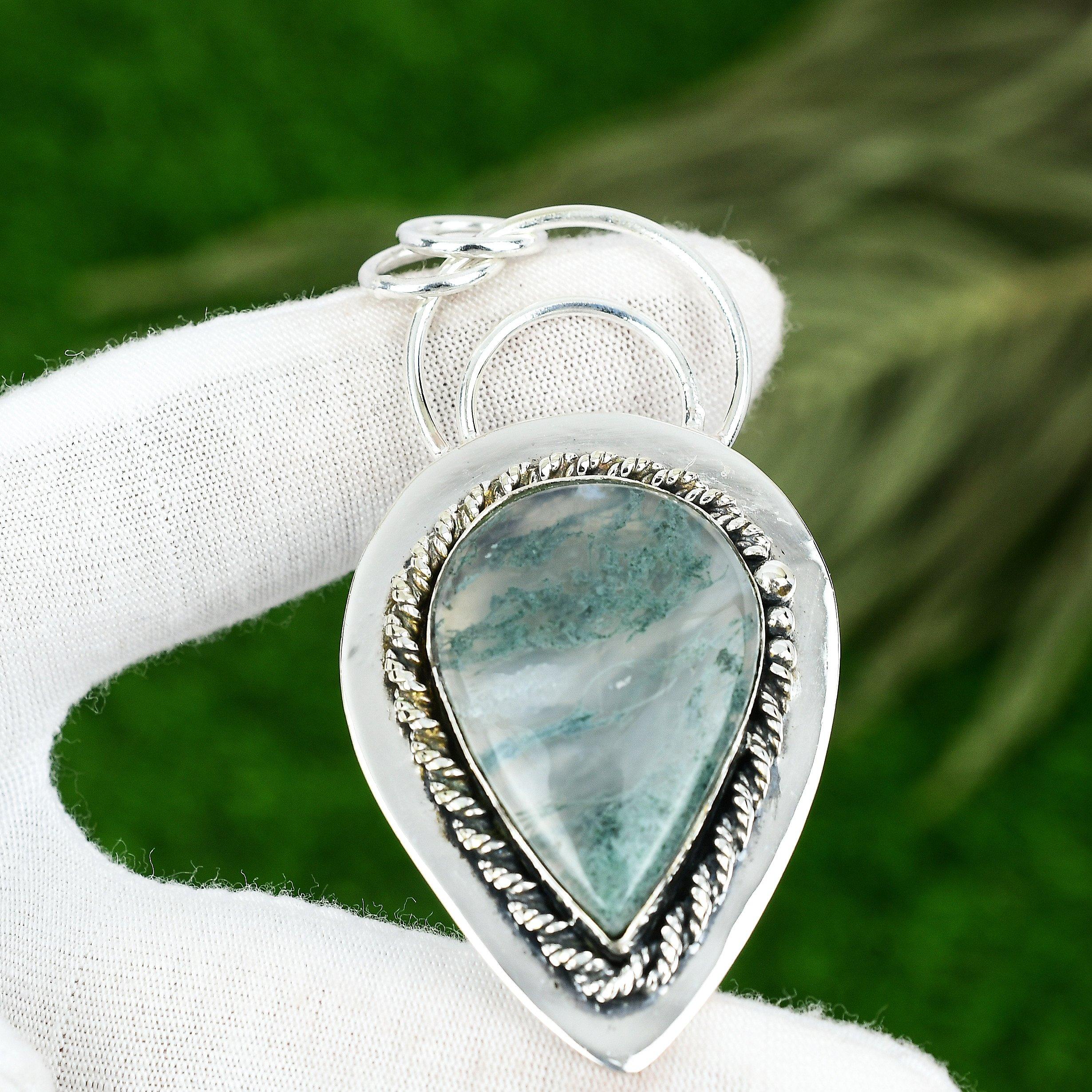 Sisters Day Deal Sterling Silver Pear Solar Moss Agate Gemstone Daughter Pendant