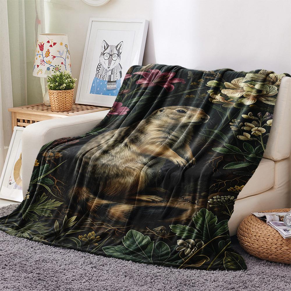 1PC Cute Little Groundhog  Print FlAannel Blanket, High Quality Comfortable for All Seasons, Home Decor, Warmth and Comfort