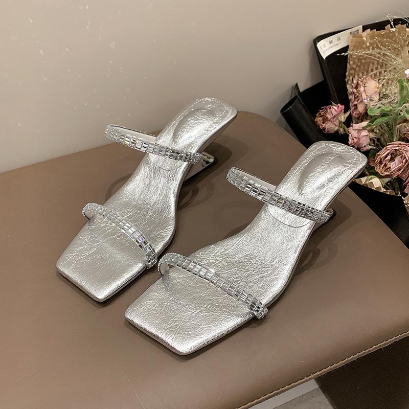 Fashion Summer New Style Fashion Comfortable Casual Sandals Square Toe Rhinestone Wear-resistant Slippers Slippers Women  Womens Shoes