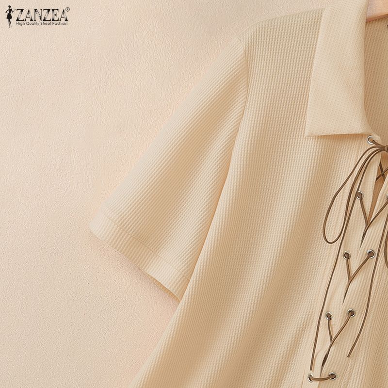 ZANZEA Women Casual Turn Down Collar Lace-up Loose Short Sleeve Blouse