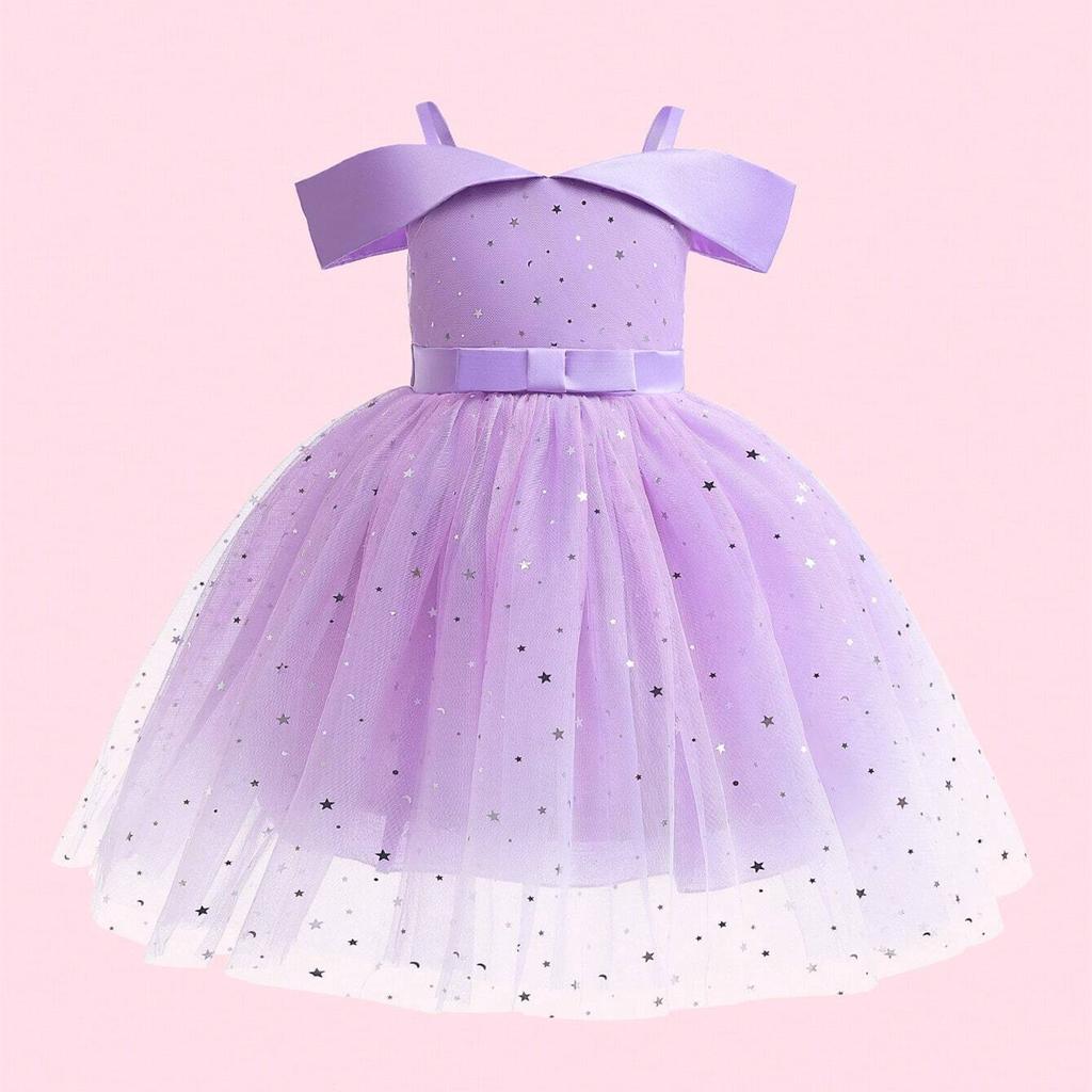 Toddler Girls Cold Shoulder Galaxy Mesh Party Dress Casual Dresses Kids Princess Pageant Gown Christmas Party Paillette Wedding Dress